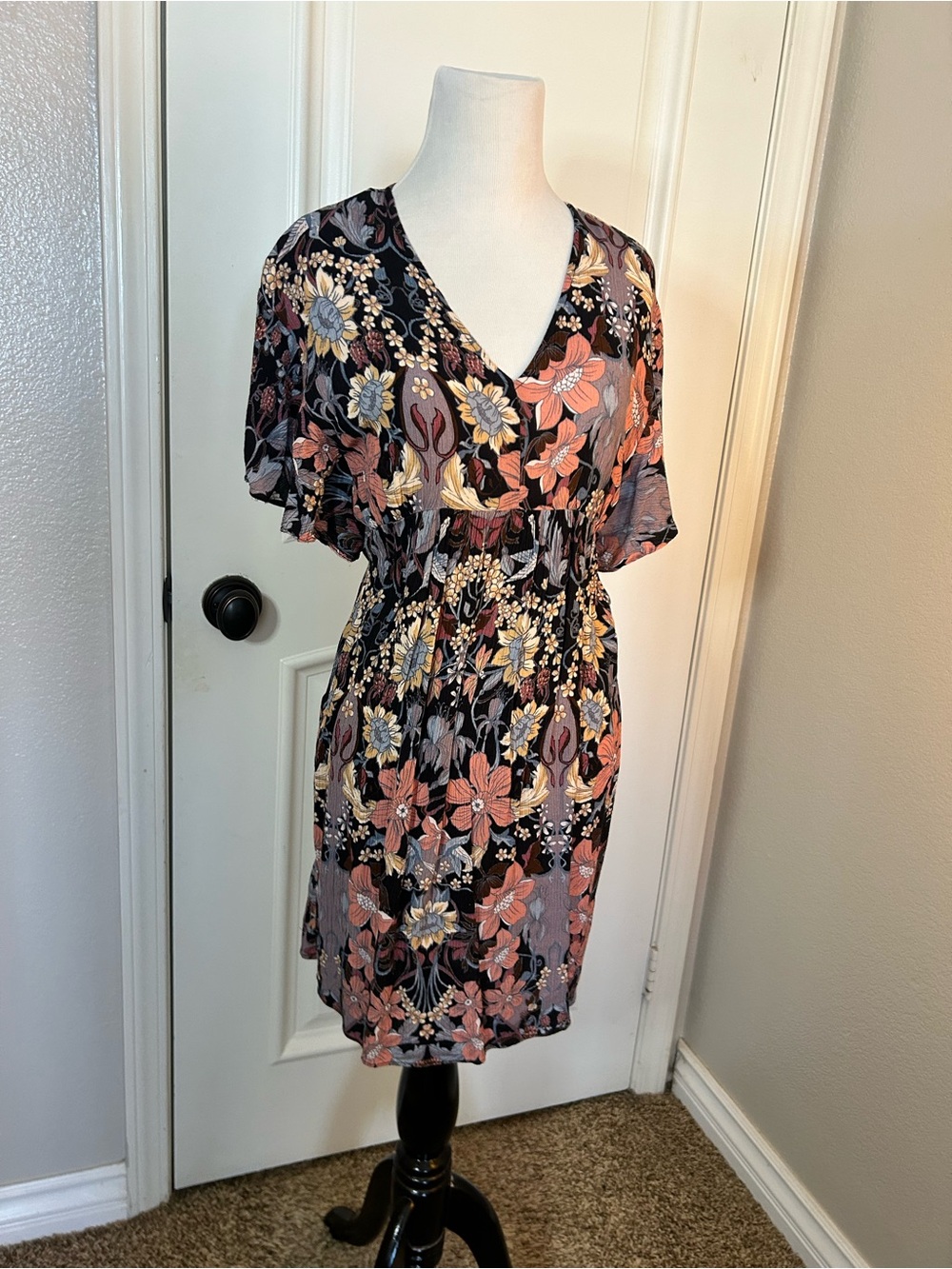 Floral V-Neck Mini Dress in Black and Coral